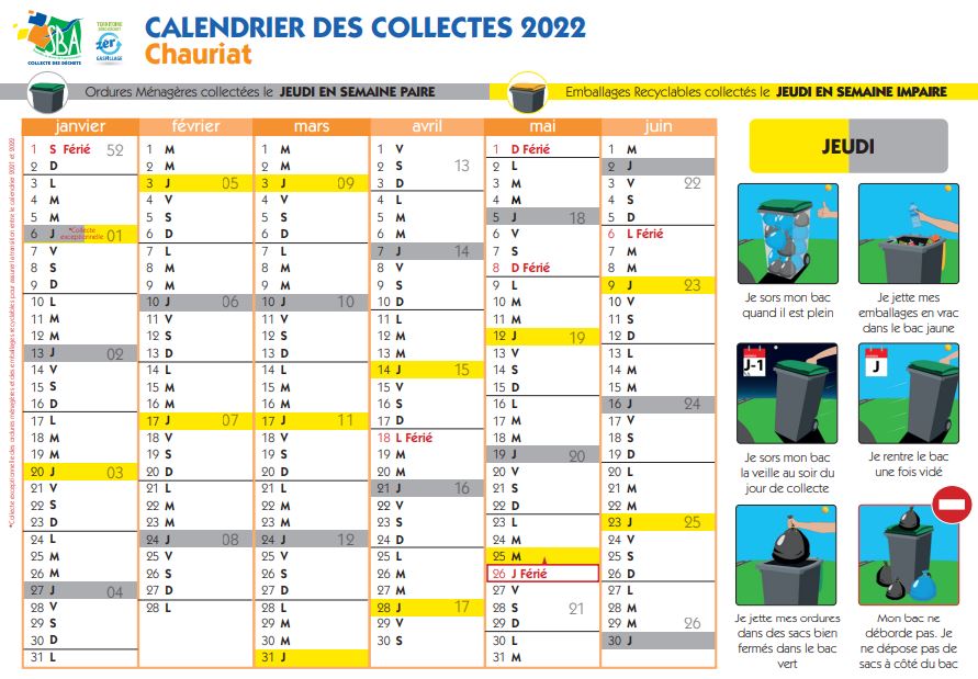 Calendrier SBA 2022 de collecte des ordures ménagères - Chauriat